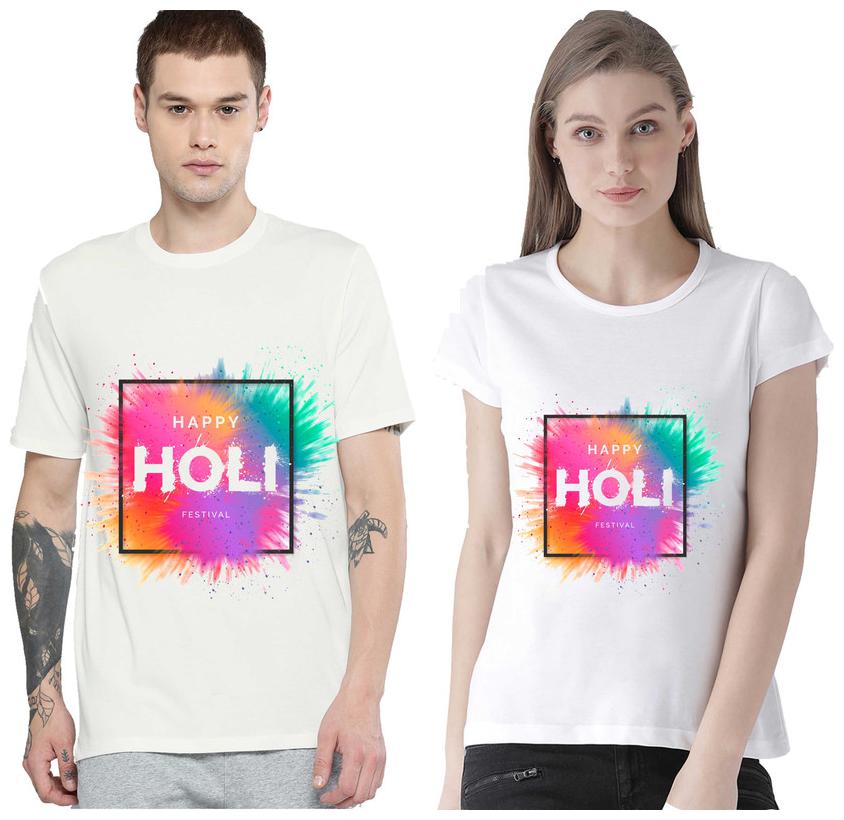 

Freely Couple Half-Sleeve Cotton White Printed T-Shirts - Pack of 2 (HOLI EDITION)