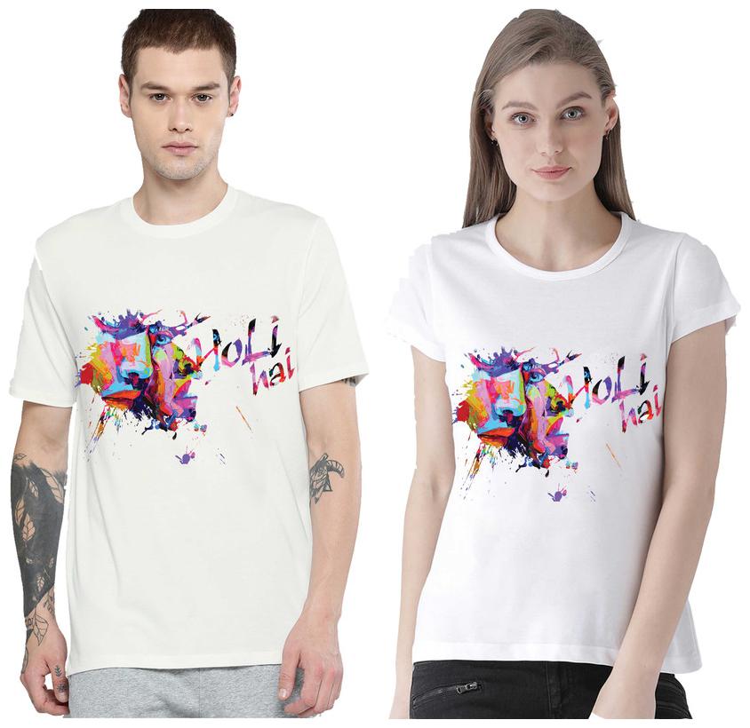 

Freely Couple Half-Sleeve Cotton White Printed T-Shirts - Pack of 2 (HOLI EDITION)