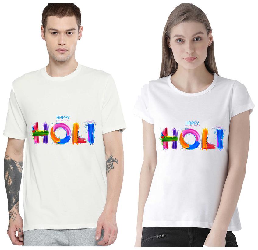 

Freely Couple Half-Sleeve Poly-Cotton Printed White Color T-Shirts - Pack of 2 (HOLI EDITION)