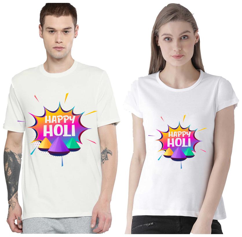 

Freely Couple Half-Sleeve Cotton White Printed T-Shirts - Pack of 2 (HOLI EDITION)
