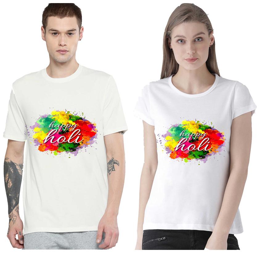 

Freely Couple Half-Sleeve Cotton White Printed T-Shirts - Pack of 2 (HOLI EDITION)