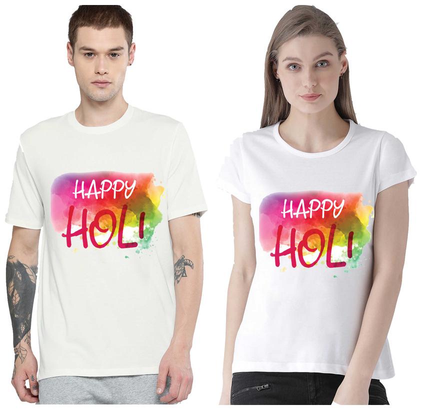 

Freely Couple Half-Sleeve Cotton White Printed T-Shirts - Pack of 2 (HOLI EDITION)