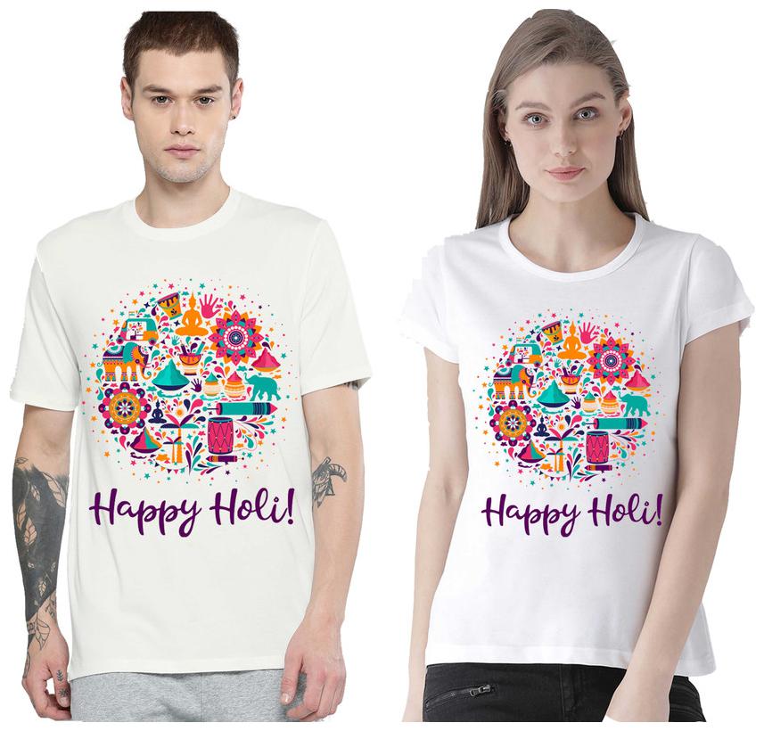 

Freely Couple Half-Sleeve Poly-Cotton Printed White Color T-Shirts - Pack of 2 (HOLI EDITION)
