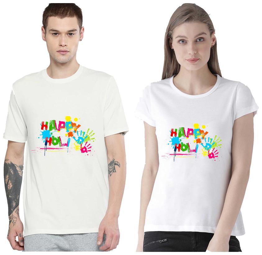 

Freely Couple Half-Sleeve Poly-Cotton Printed White Color T-Shirts - Pack of 2 (HOLI EDITION)