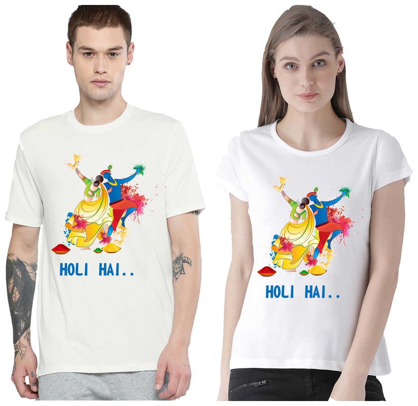 

Freely Couple Half-Sleeve Cotton White Color Printed T-Shirts - Pack Of 2 (Holi Edition)