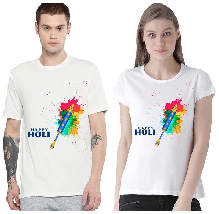 

Freely Couple Half-Sleeve Cotton White Printed T-Shirts - Pack of 2 (HOLI EDITION)