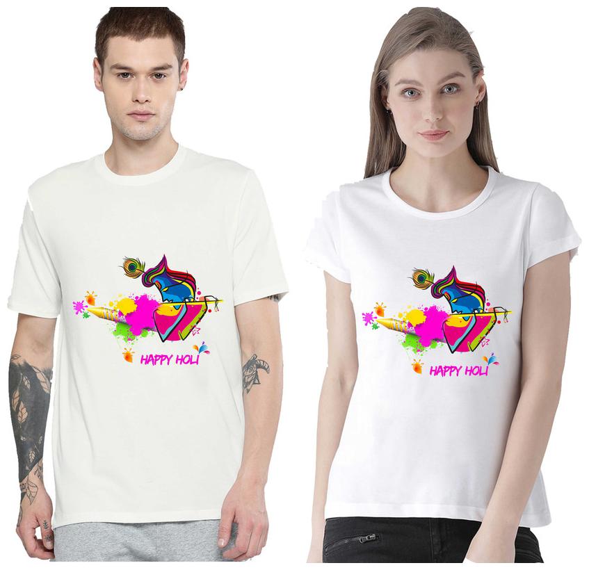 

Freely Couple Half-Sleeve Poly-Cotton Printed White Color T-Shirts - Pack of 2 (HOLI EDITION)
