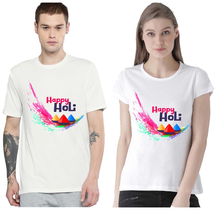 

Freely Couple Half-Sleeve Cotton White Printed T-Shirts - Pack of 2 (HOLI EDITION)