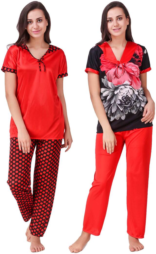 Freely Women Satin Polka Dots Top and Pyjama Set - Multi