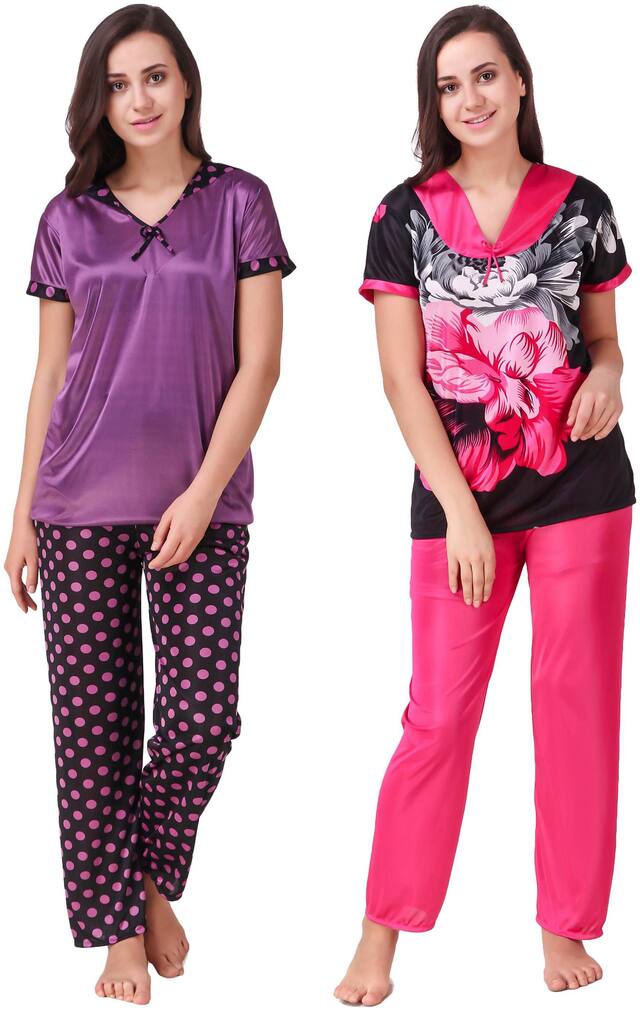 Freely Women Satin Polka Dots Top and Pyjama Set - Multi