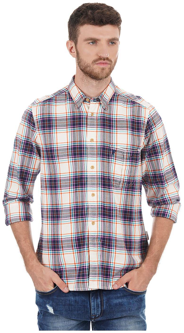 

French Connection Men Beige Blue Checked Slim Fit Casual Shirt
