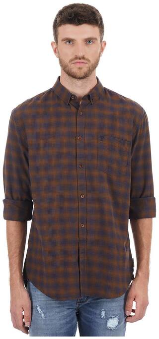 French Connection Men Brown & Blue Checked Slim Fit Casual Shirt