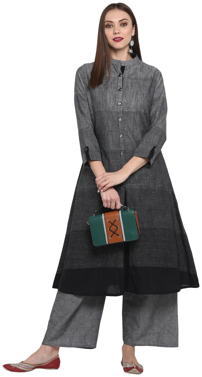 

Friendi A-line Grey Pure Cotton Front Slit Kurta With Palazzo