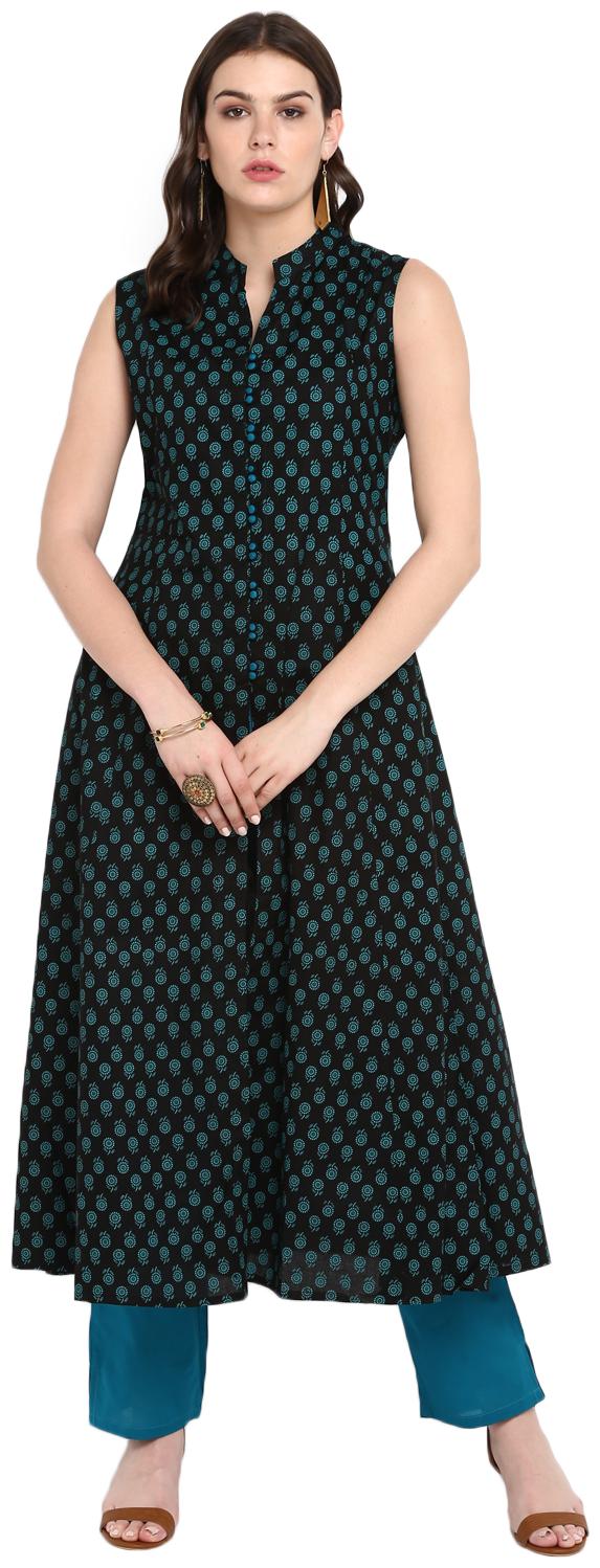 

Friendi A-line Black Pure Cotton Dress-Kurta Front Slit With Palazzo