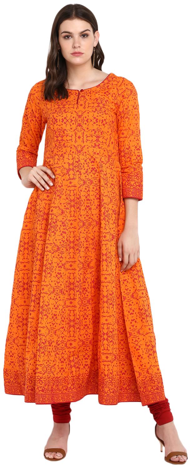 

FRIENDI Women Orange Printed Fit and Flare Kurta