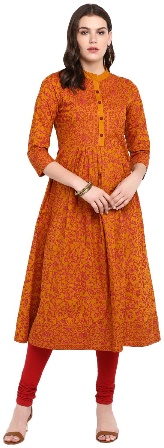 

FRIENDI Women Mustard Printed Fit and Flare Kurta