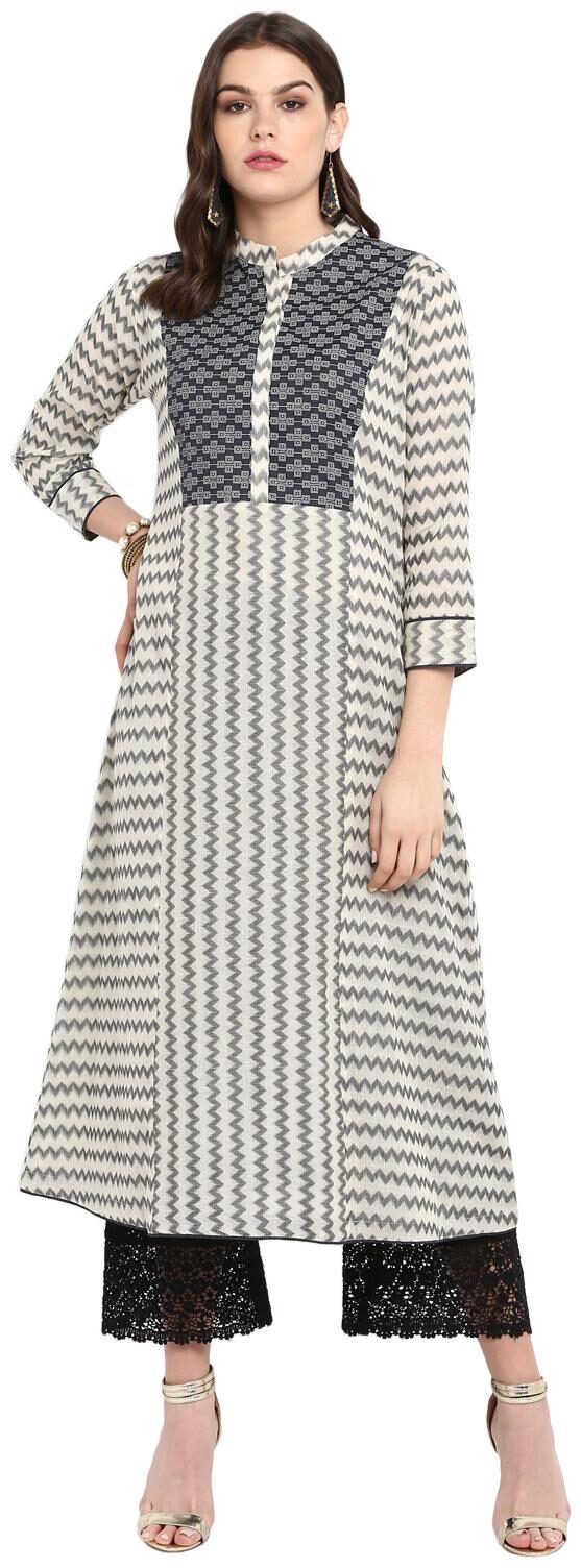 

FRIENDI Women Cotton Blend Kurta Cream Grey