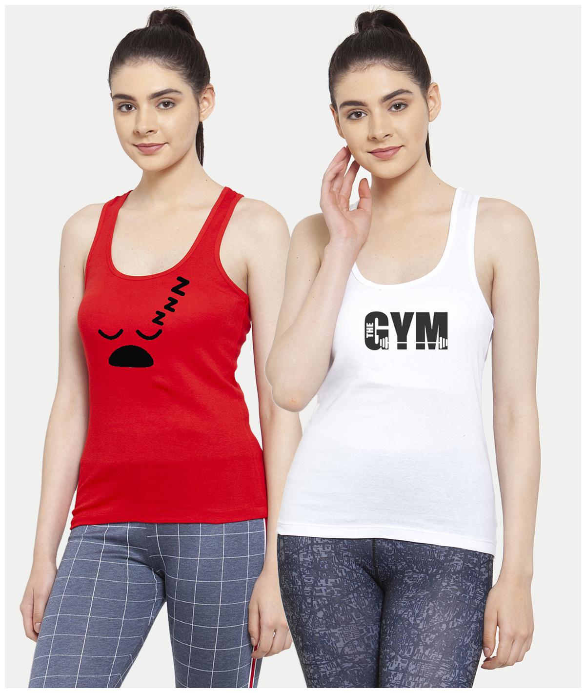 

Friskers Women Red White Regular fit U neck Cotton Tank top