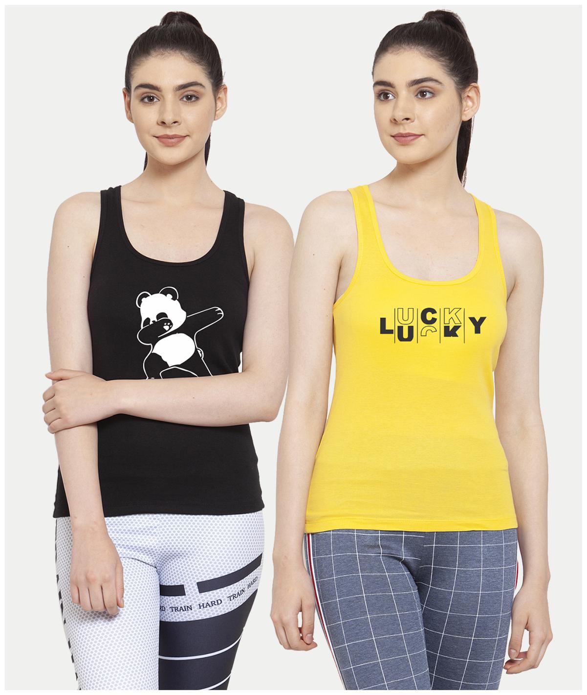 

Friskers Women Black Yellow Regular fit U neck Cotton Tank top