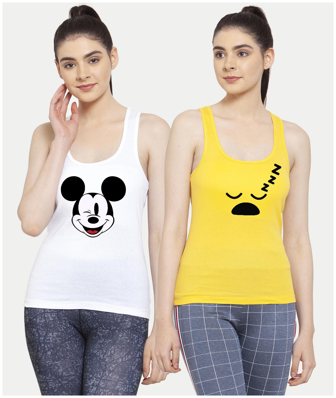 

Friskers Women White Yellow Regular fit U neck Cotton Tank top