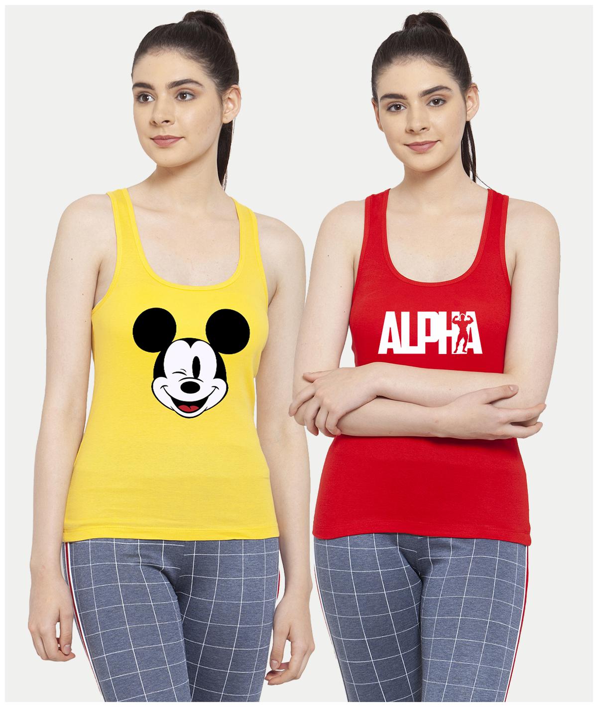

Friskers Women Yellow Red Regular fit U neck Cotton Tank top