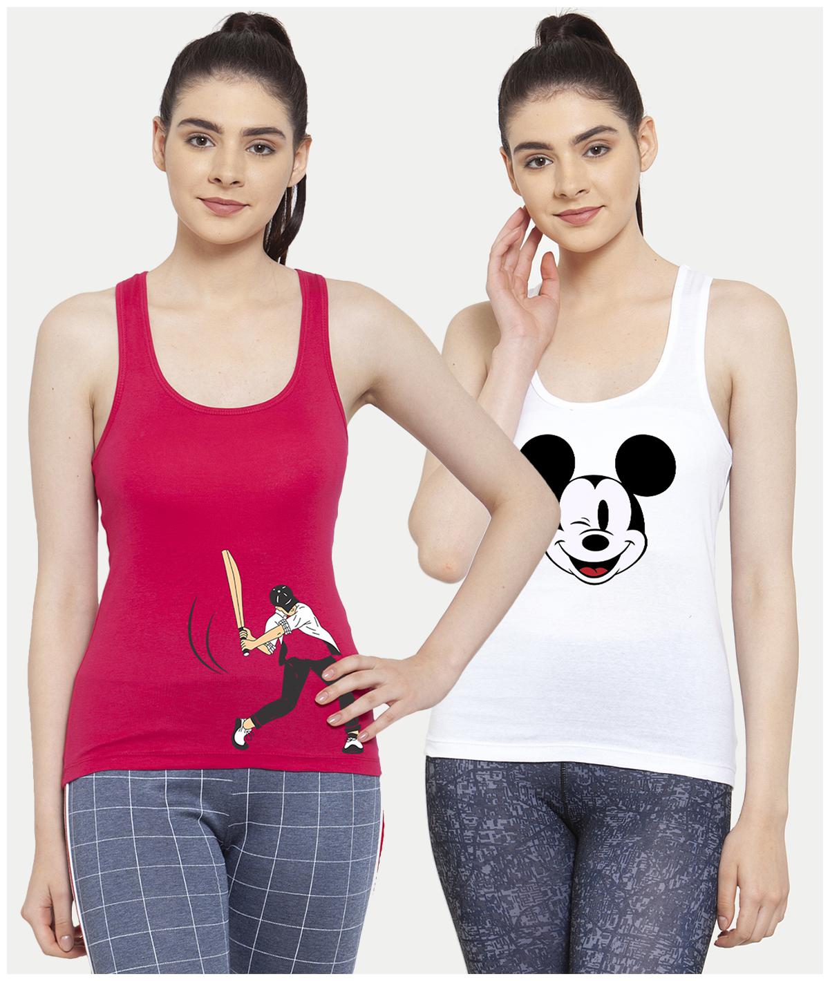 

Friskers Women White Pink Regular fit U neck Cotton Tank top