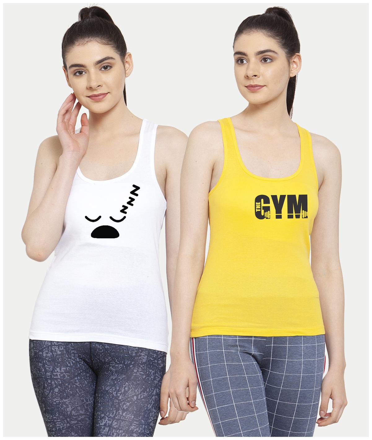

Friskers Women White Yellow Regular fit U neck Cotton Tank top