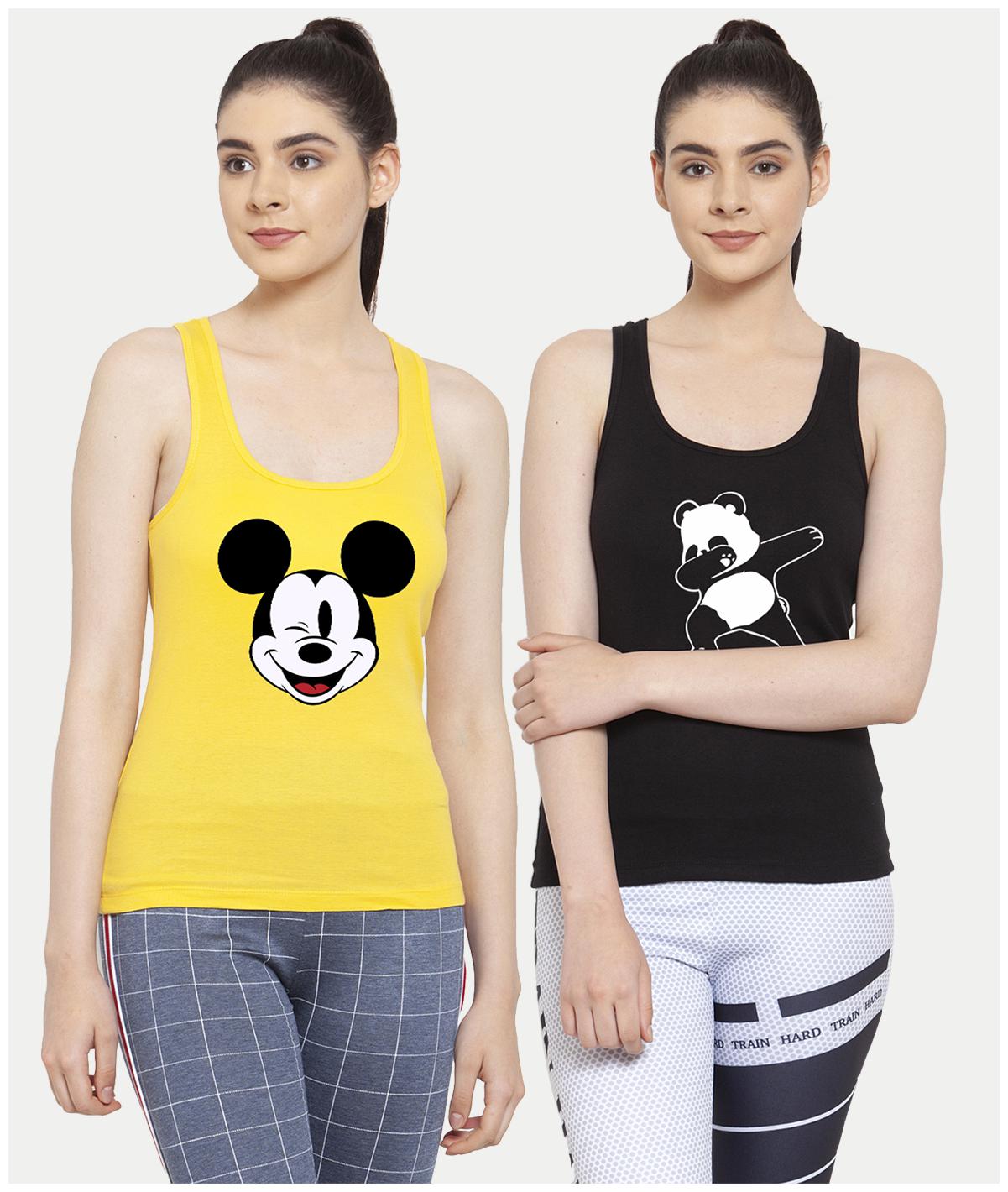 

Friskers Women Yellow Black Regular fit U neck Cotton Tank top