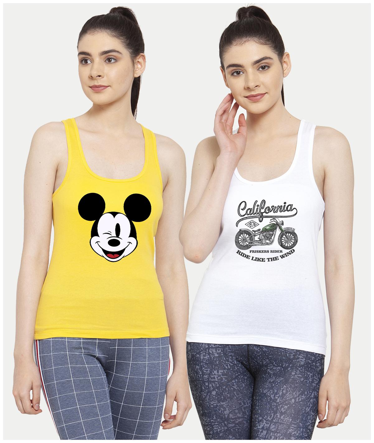 

Friskers Women Yellow White Regular fit U neck Cotton Tank top