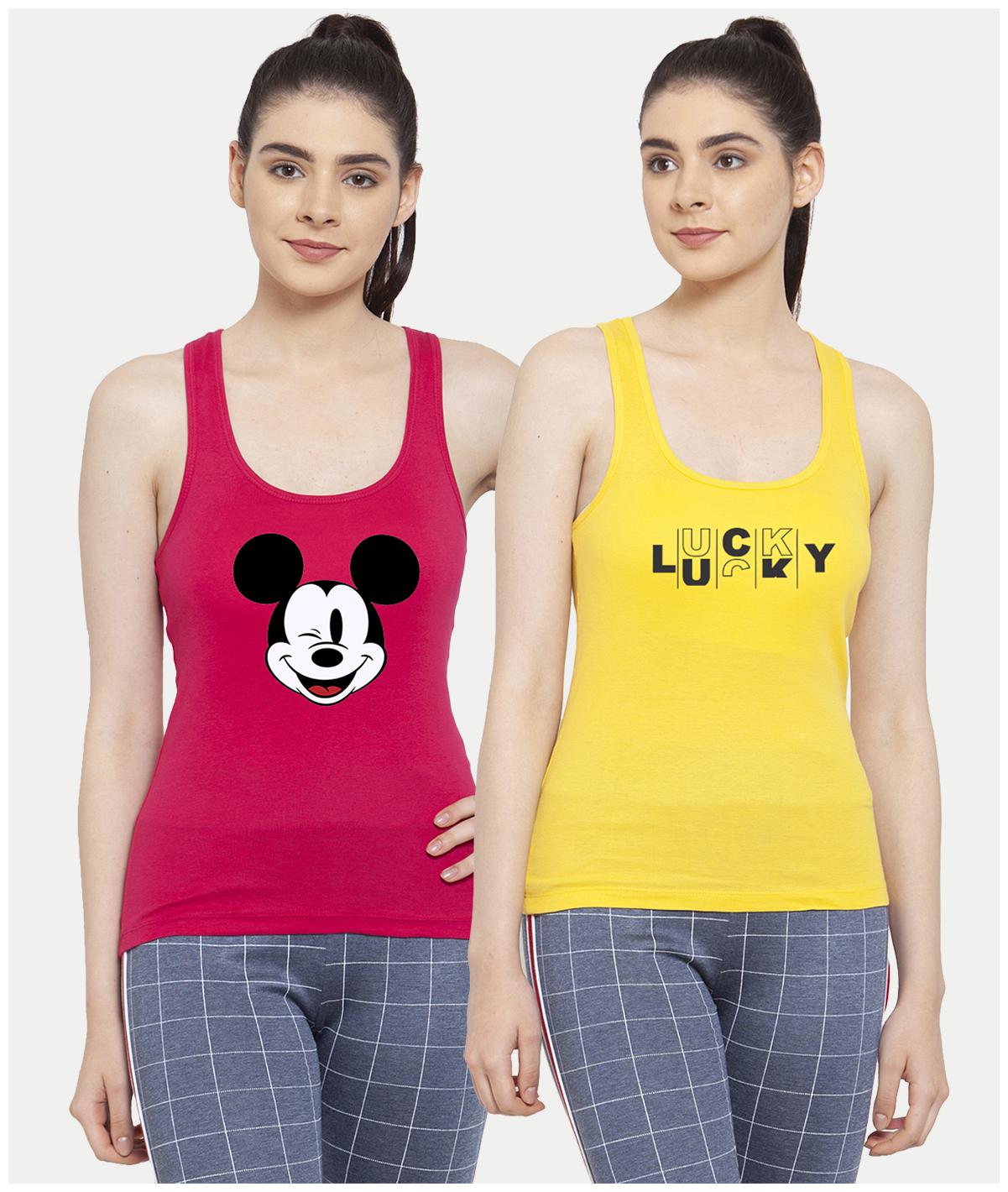 

Friskers Women Pink Yellow Regular fit U neck Cotton Tank top