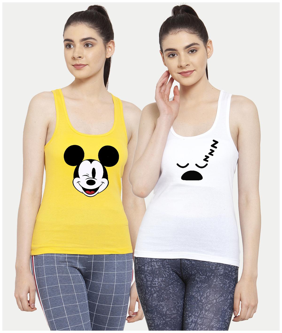 

Friskers Women Yellow White Regular fit U neck Cotton Tank top