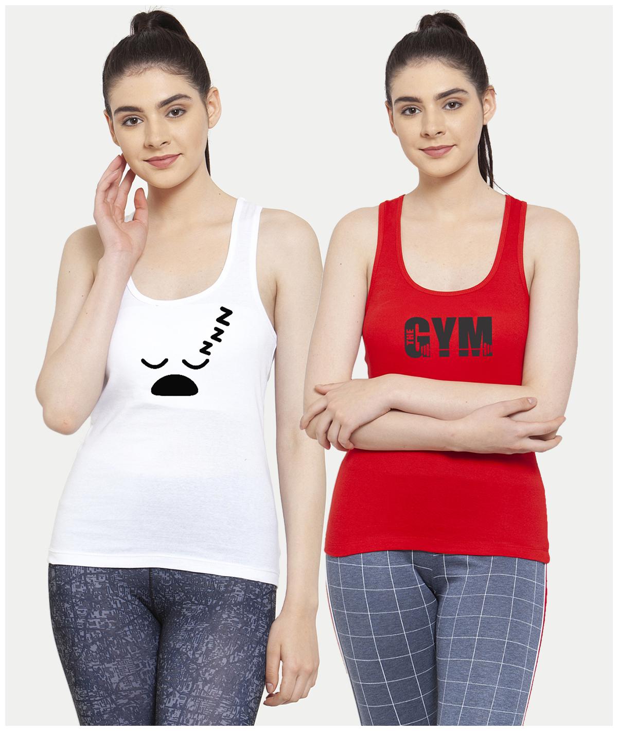 

Friskers Women White Red Regular fit U neck Cotton Tank top