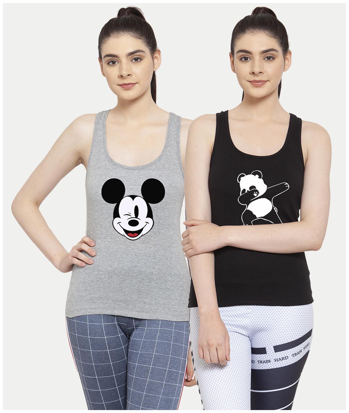 

Friskers Women Grey Black Regular fit U neck Cotton Tank top