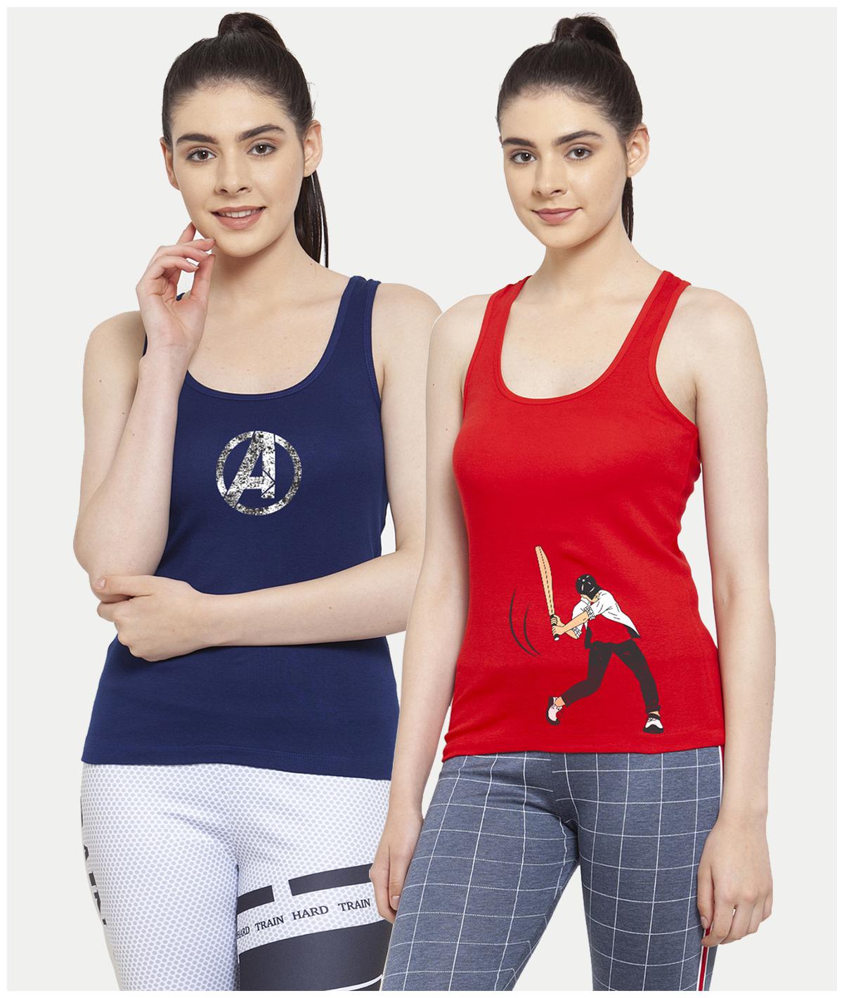 

Friskers Women Blue Red Regular fit U neck Cotton Tank top