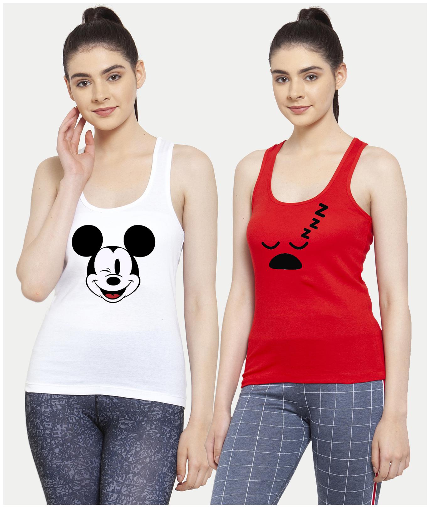 

Friskers Women White Red Regular fit U neck Cotton Tank top