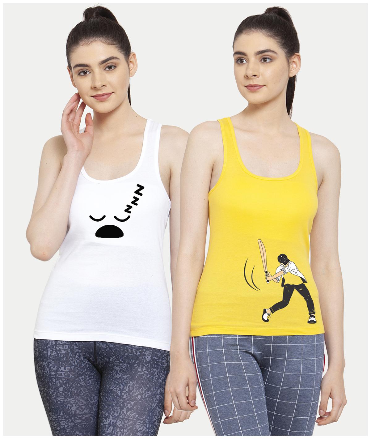 

Friskers Women White Yellow Regular fit U neck Cotton Tank top