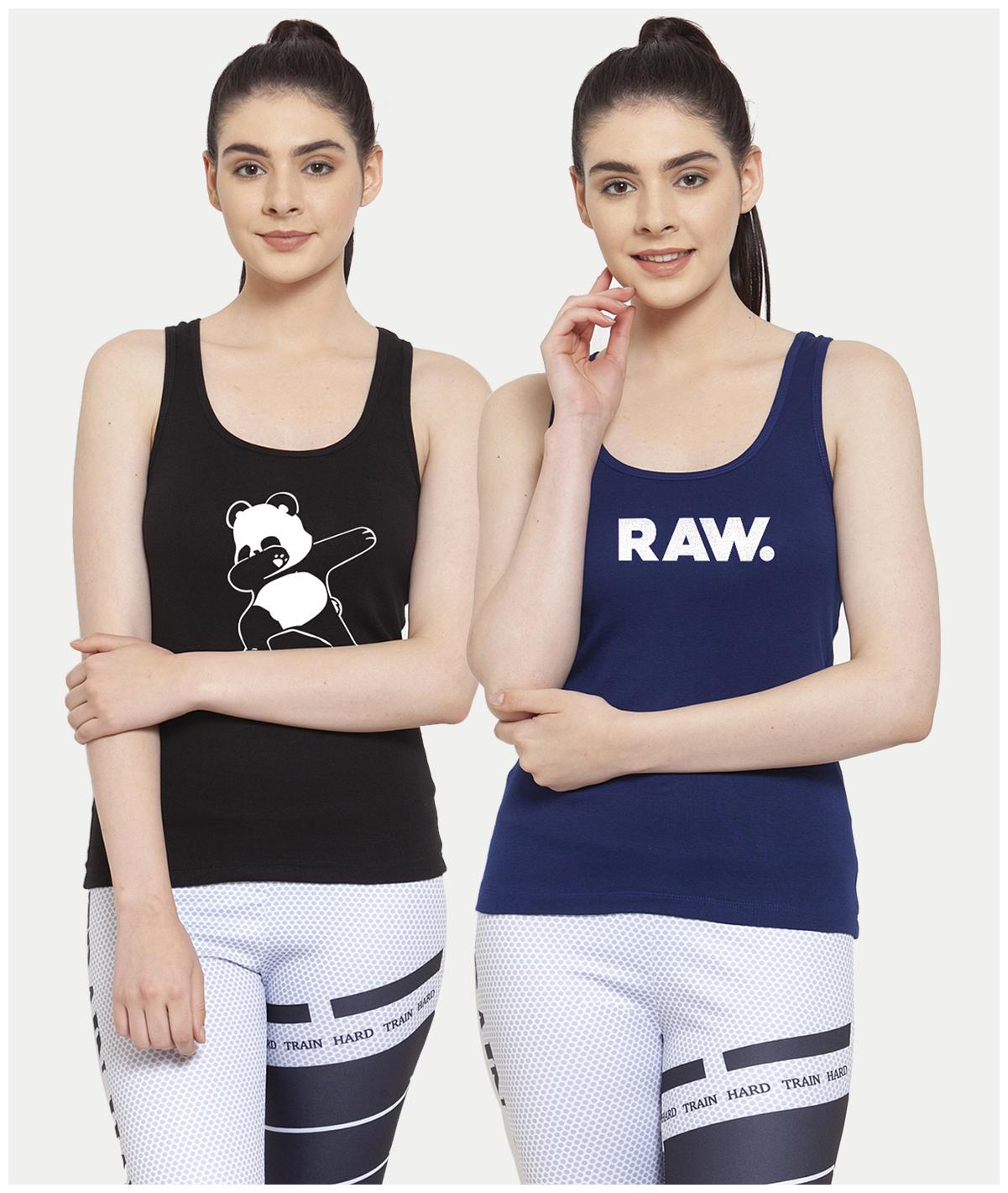 

Friskers Women Black Blue Regular fit U neck Cotton Tank top