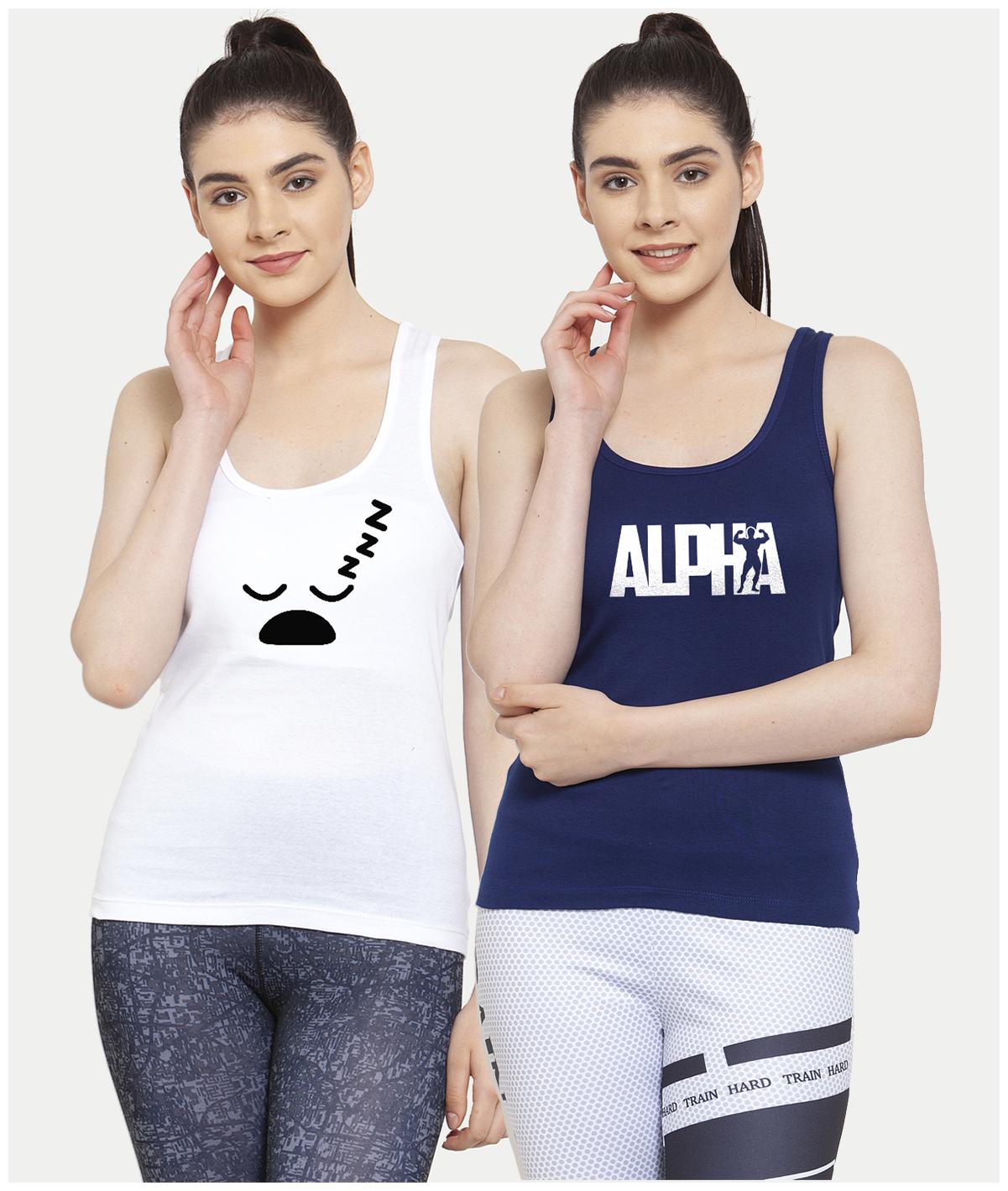 

Friskers Women White Blue Regular fit U neck Cotton Tank top