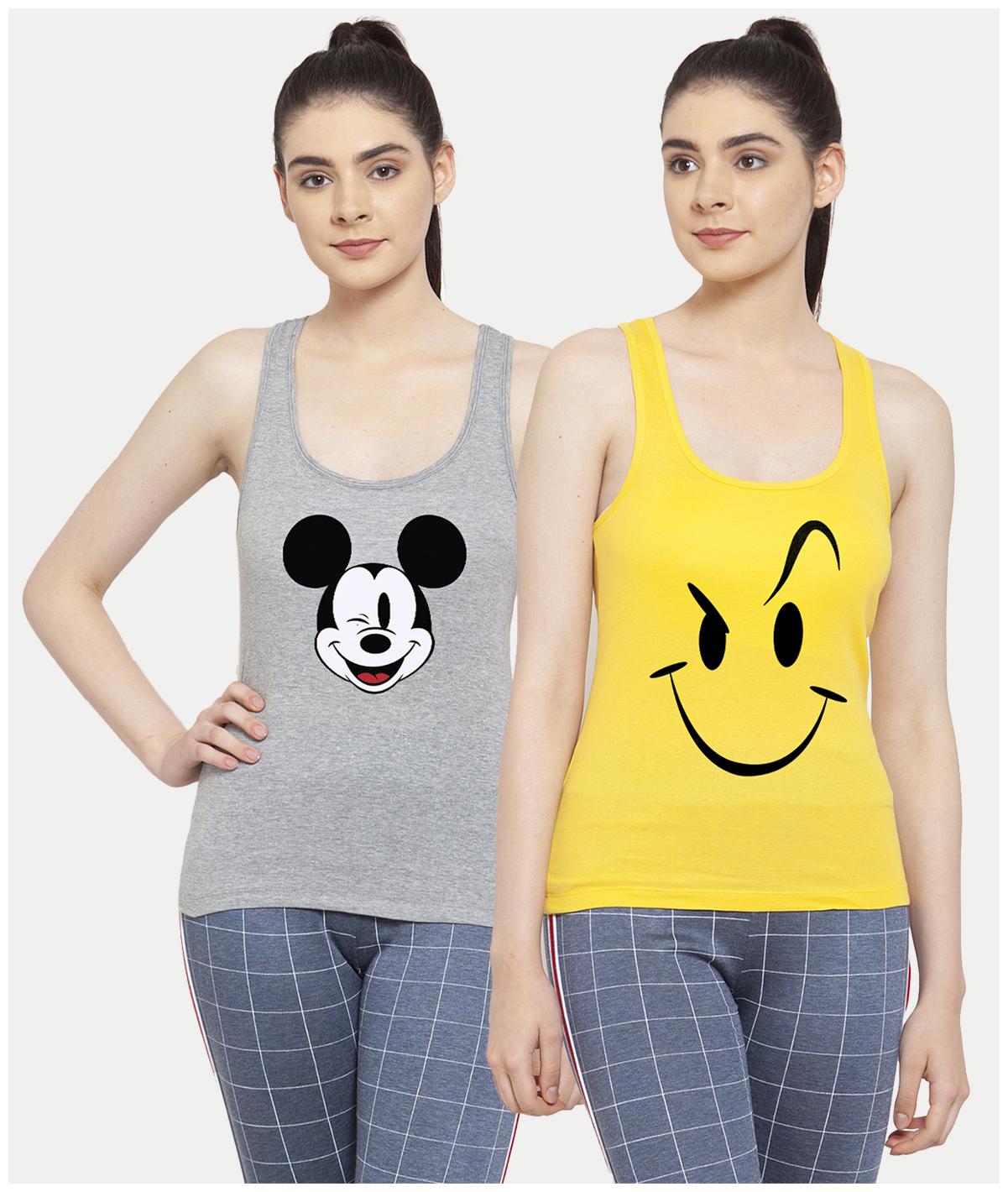 

Friskers Women Grey Yellow Regular fit U neck Cotton Tank top