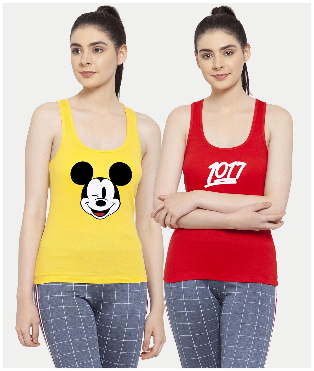 

Friskers Women Yellow Red Regular fit U neck Cotton Tank top