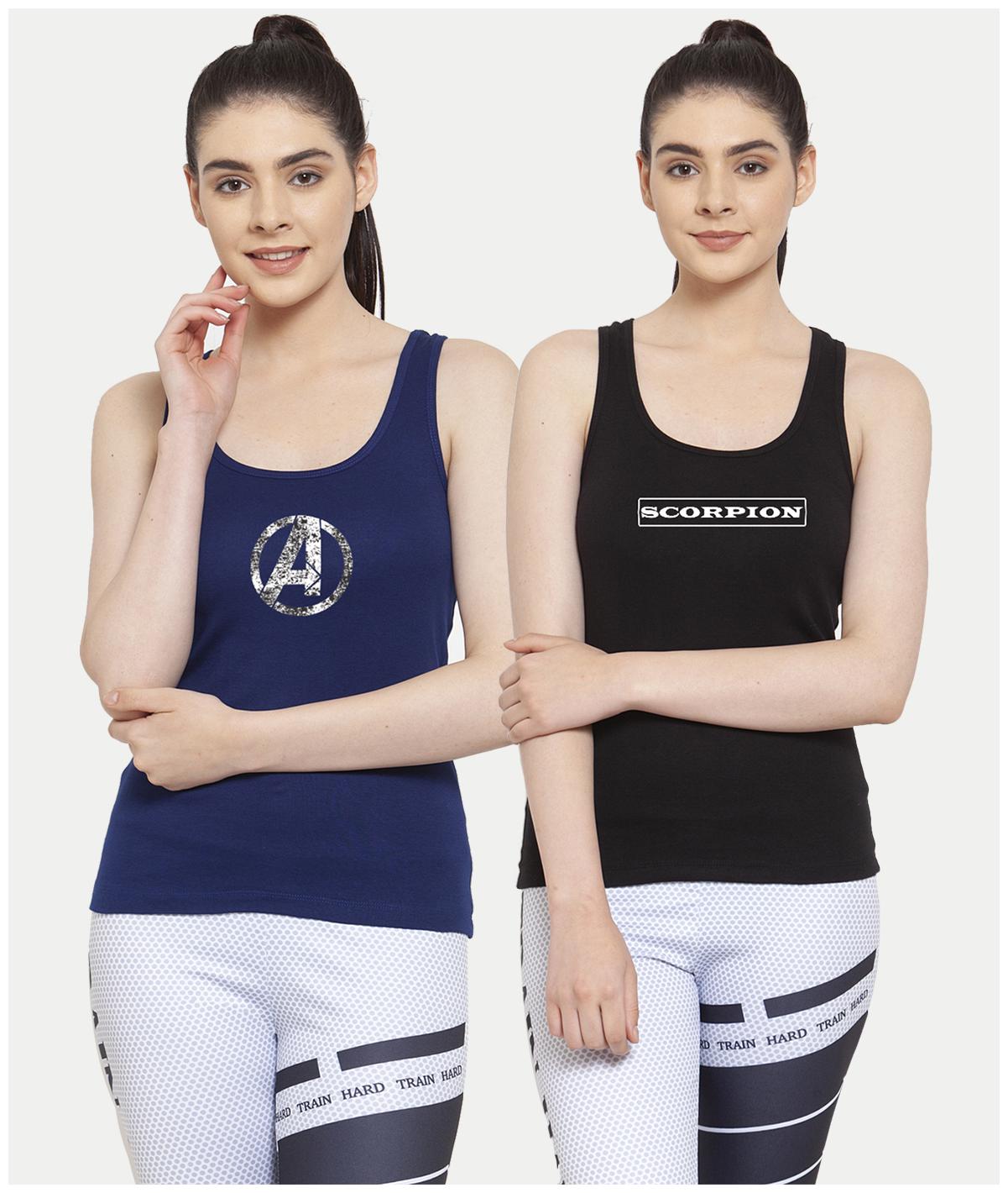 

Friskers Women Blue Black Regular fit U neck Cotton Tank top