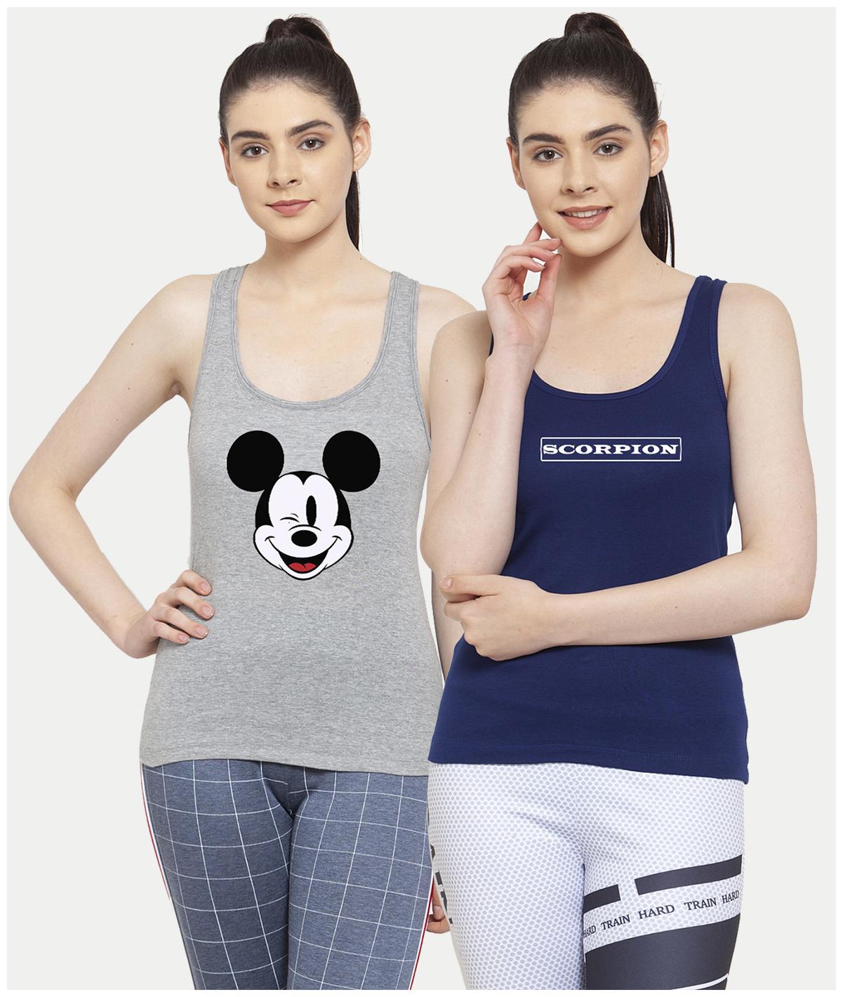 

Friskers Women Grey Blue Regular fit U neck Cotton Tank top