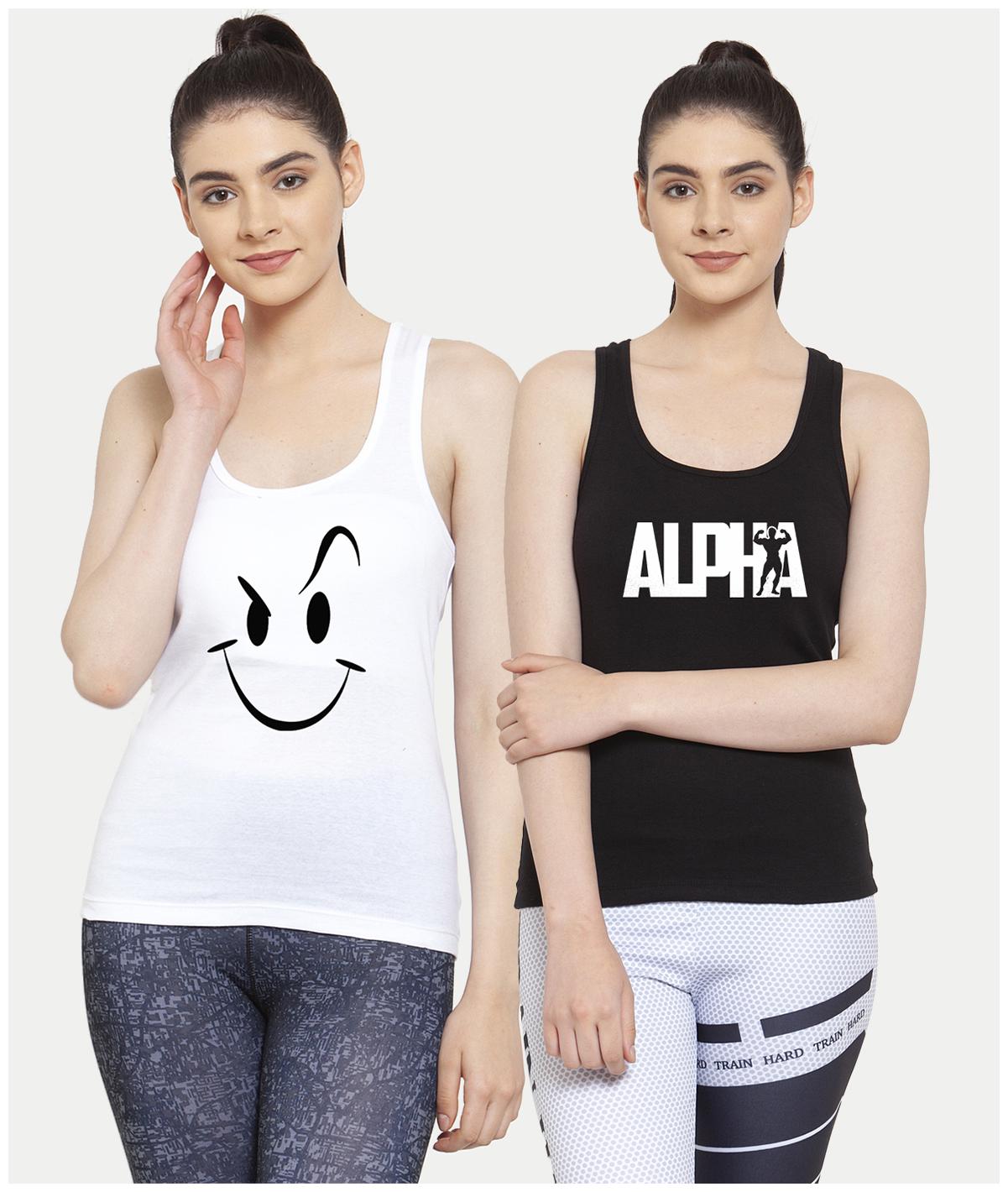 

Friskers Women White Black Regular fit U neck Cotton Tank top