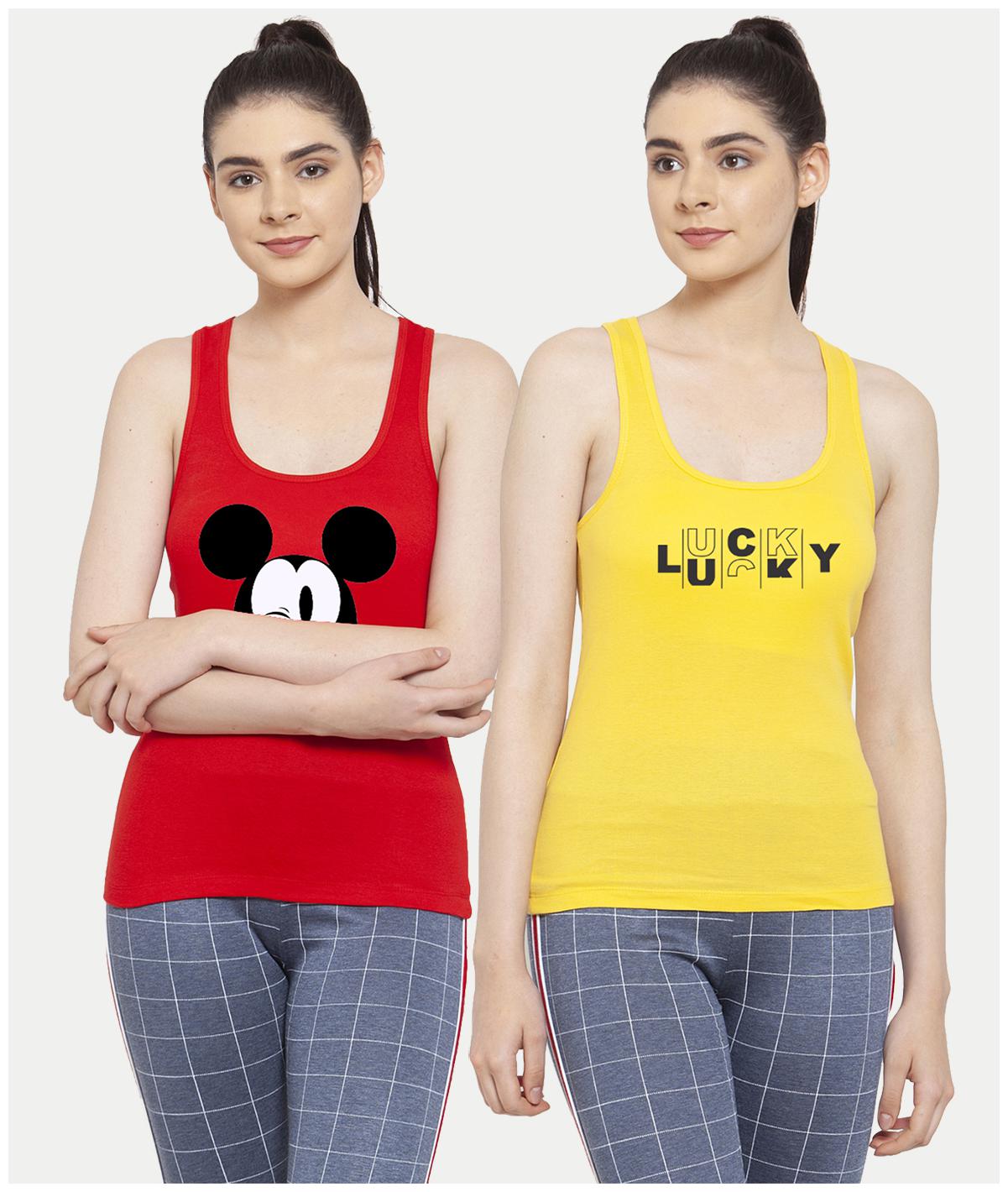 

Friskers Women Red Yellow Regular fit U neck Cotton Tank top