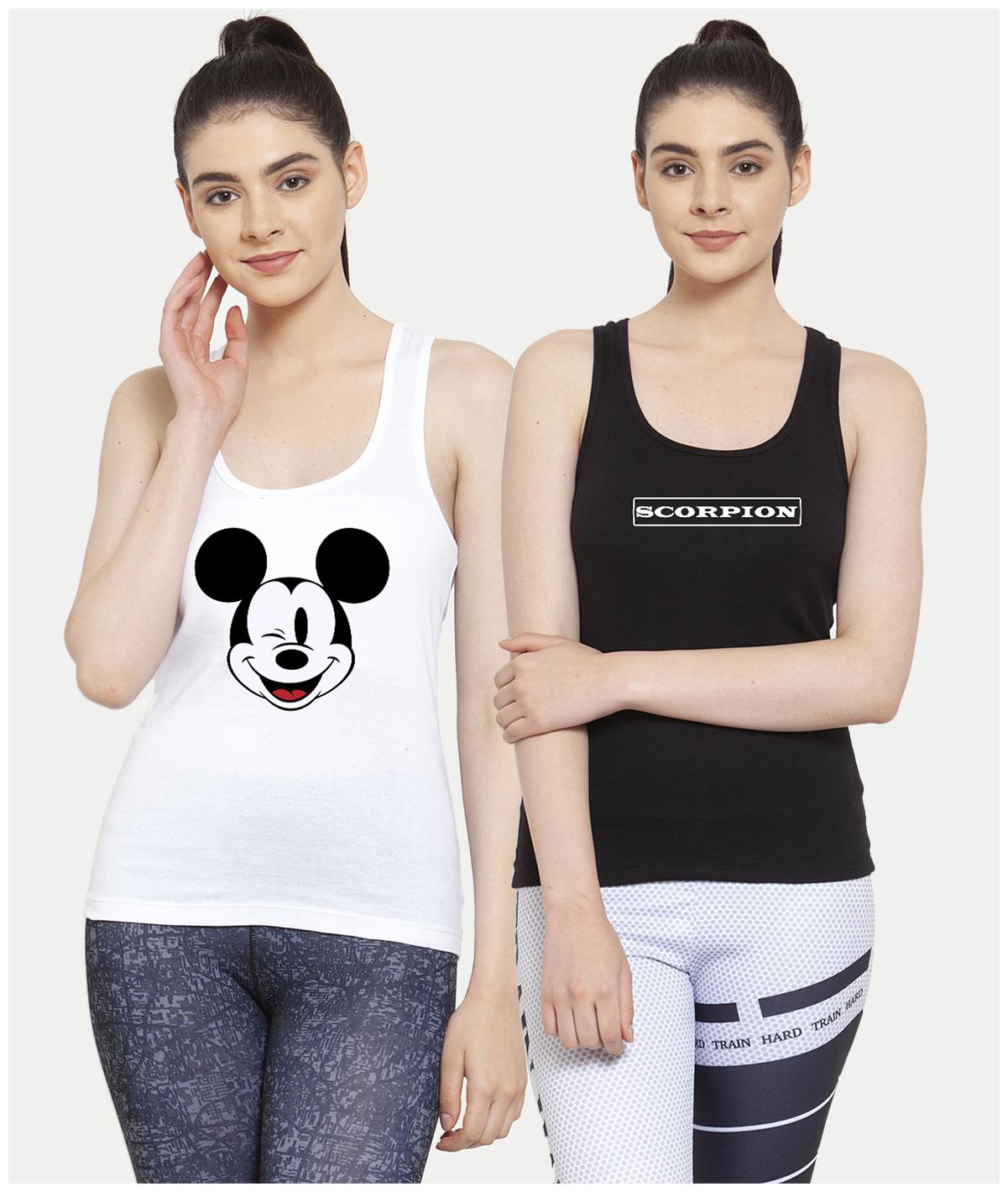 

Friskers Women White Black Regular fit U neck Cotton Tank top