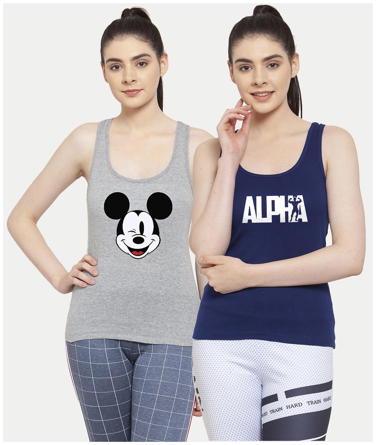 

Friskers Women Grey Blue Regular fit U neck Cotton Tank top