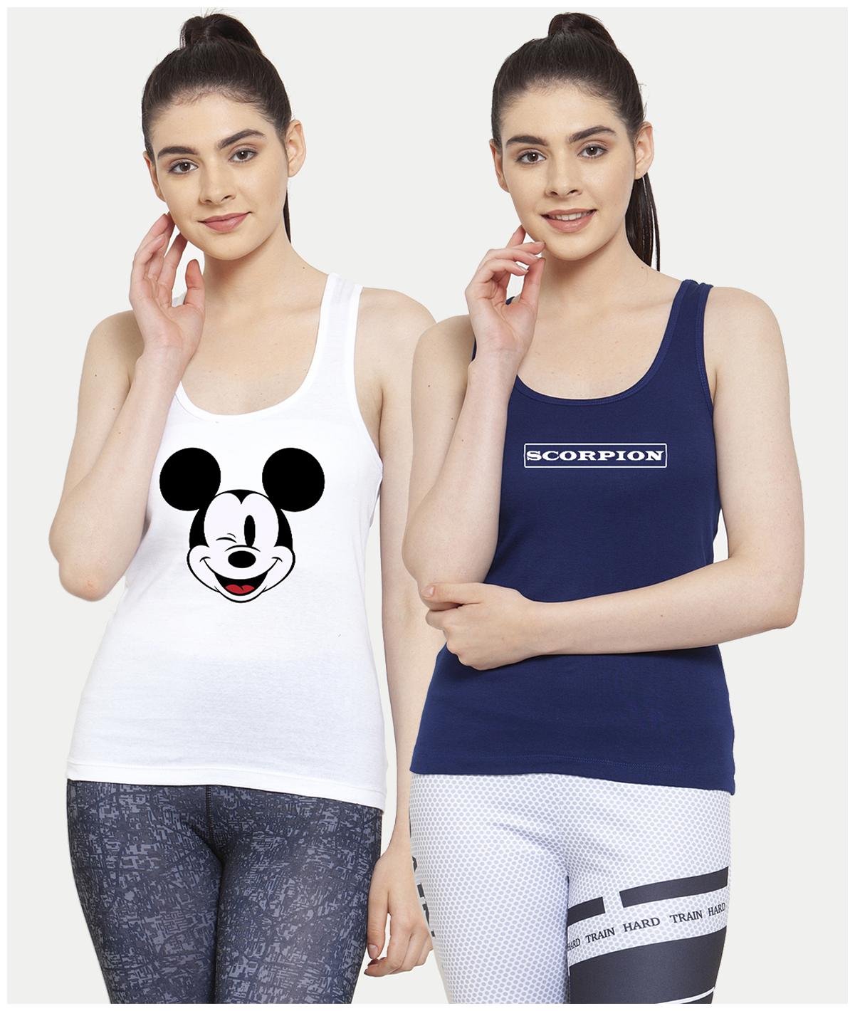 

Friskers Women White Blue Regular fit U neck Cotton Tank top