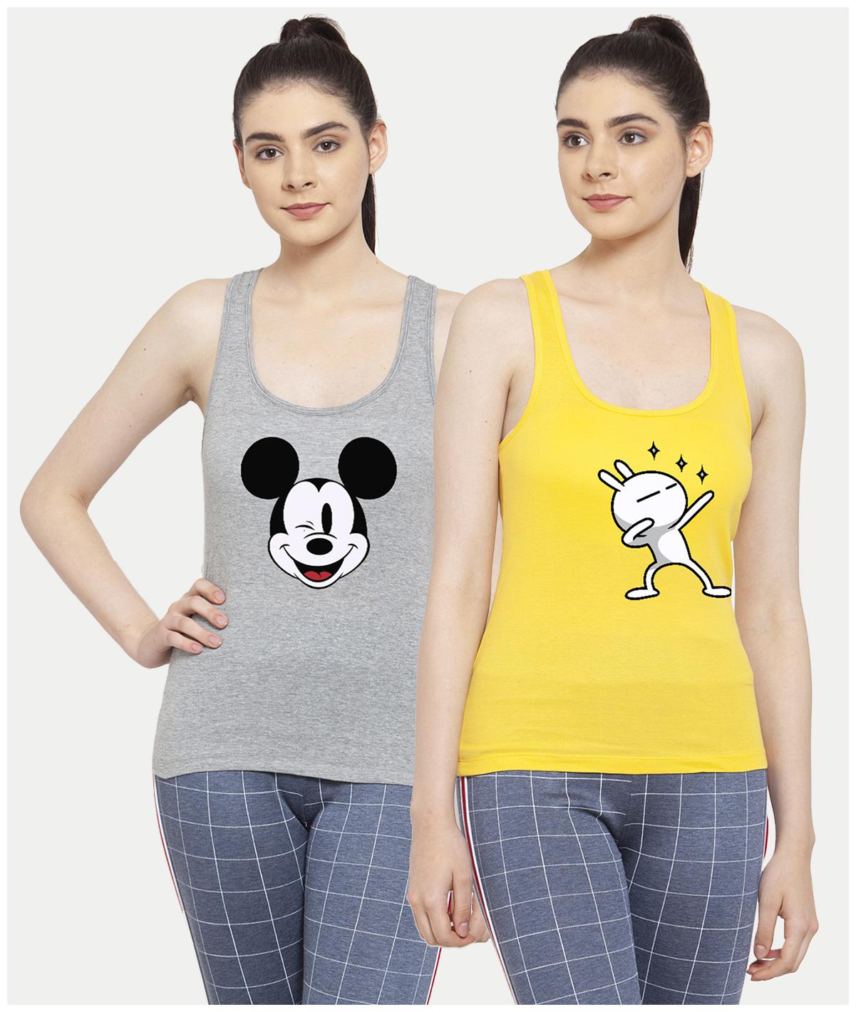 

Friskers Women Grey Yellow Regular fit U neck Cotton Tank top