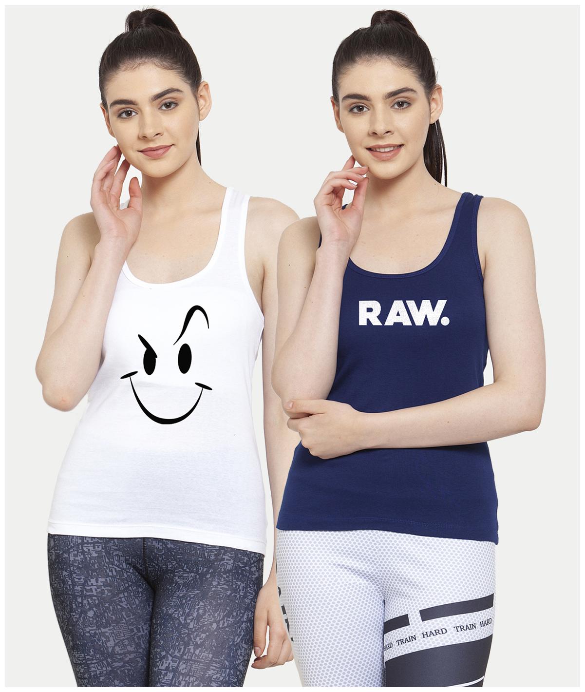 

Friskers Women White Blue Regular fit U neck Cotton Tank top