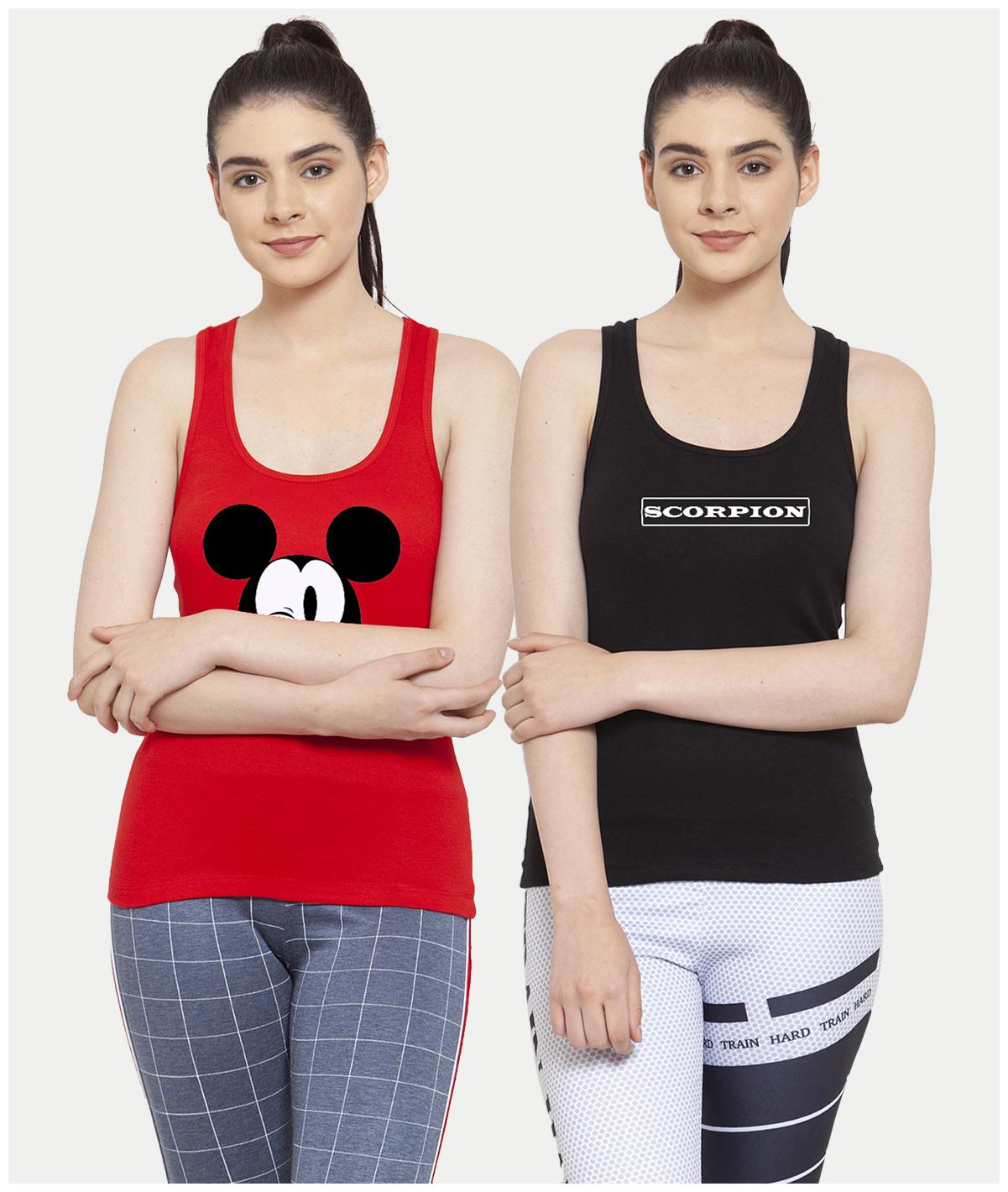 

Friskers Women Red Black Regular fit U neck Cotton Tank top